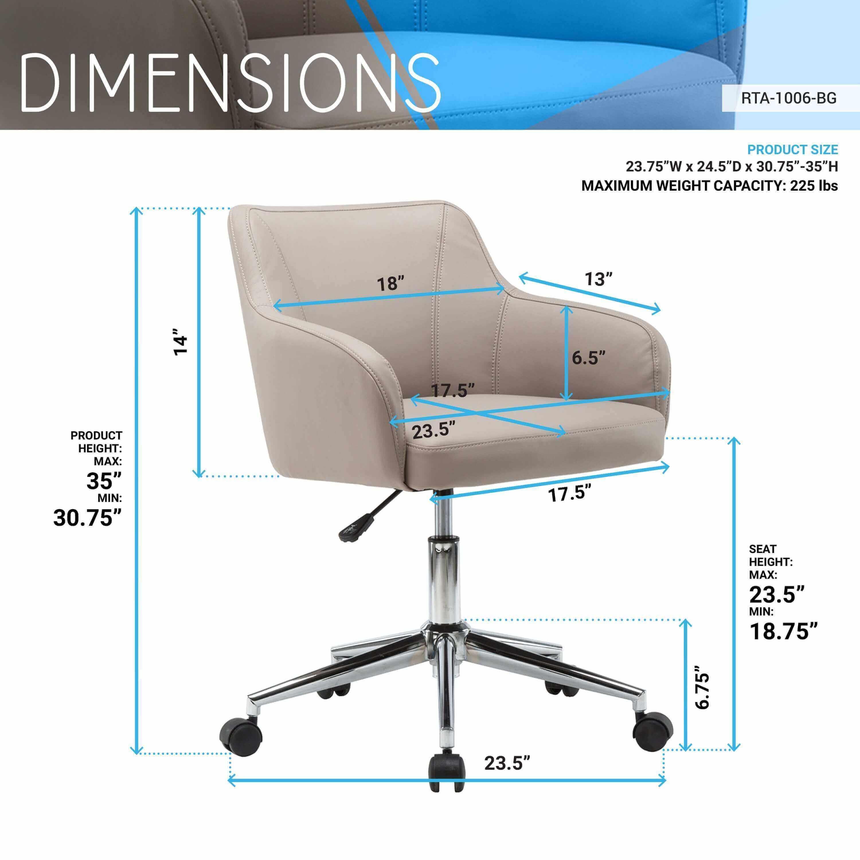 Techni Mobili Comfy and Classy Home Office Chair RTA-1006-BG Dimensions