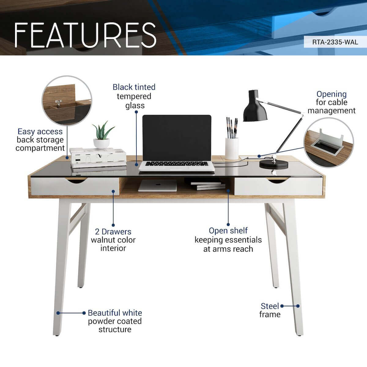 Techni Mobili Compact Computer Desk with Multiple Storage RTA-2335-WAL Features