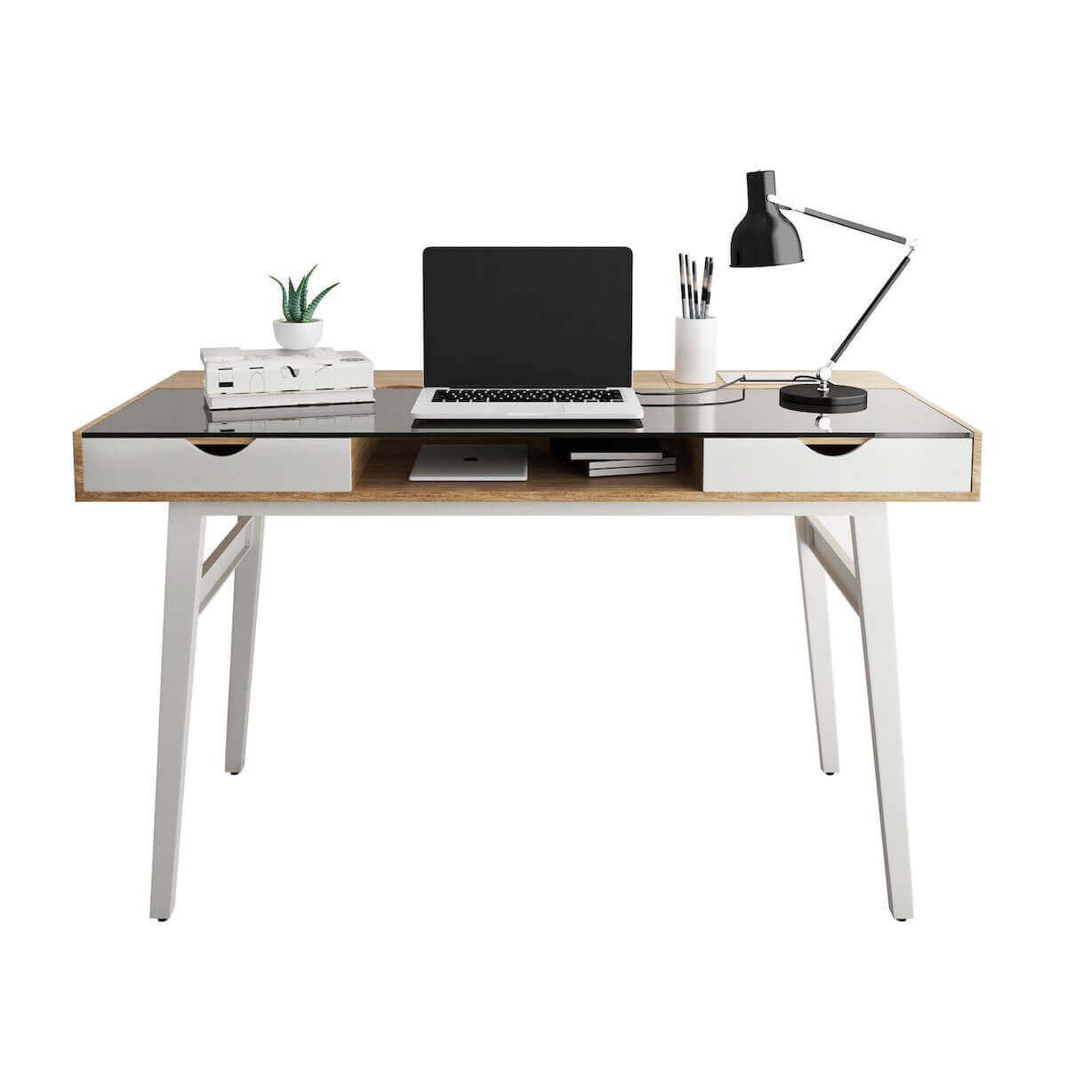 Techni Mobili Compact Computer Desk with Multiple Storage RTA-2335-WAL with Laptop