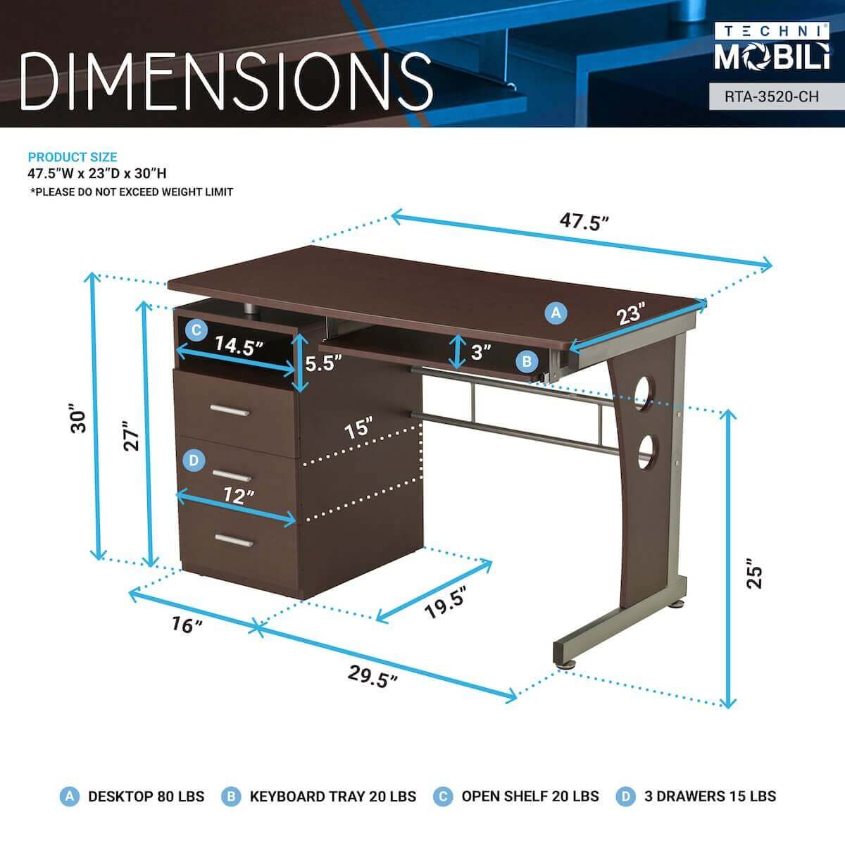 Techni Mobili Computer Desk with Ample Storage RTA-3520 Dimensions