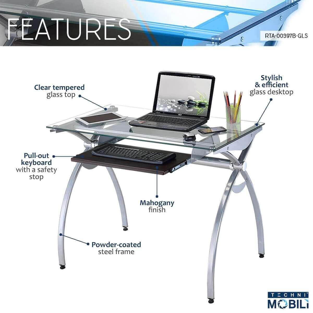 Techni Mobili Contempo Clear Glass Top Computer Desk with Pull Out Keyboard Panel RTA-00397B-GLS Features