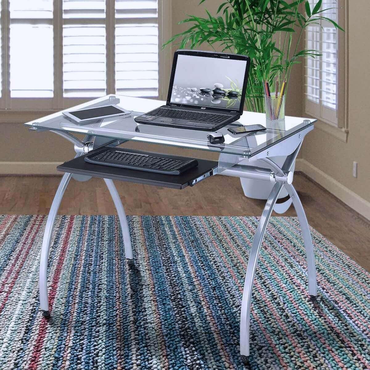 Techni Mobili Contempo Clear Glass Top Computer Desk with Pull Out Keyboard Panel RTA-00397B-GLS in Office