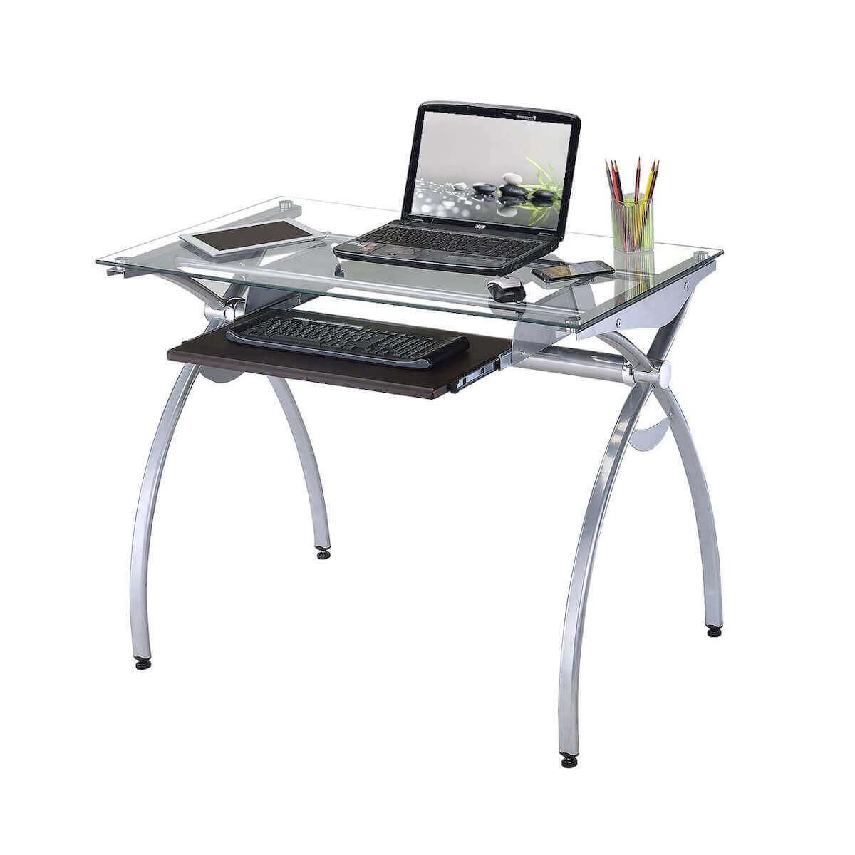 Techni Mobili Contempo Clear Glass Top Computer Desk with Pull Out Keyboard Panel RTA-00397B-GLS with Computer