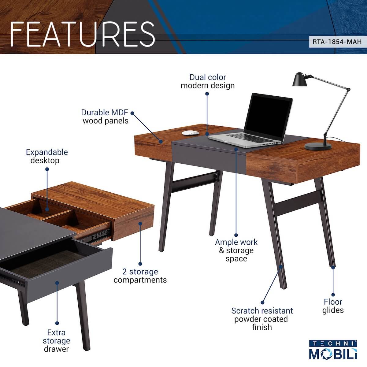 Techni Mobili Espresso Modern Writing Desk with Storage RTA-1460-ES Features