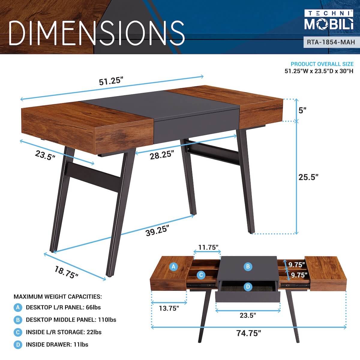 Techni Mobili Espresso Modern Writing Desk with Storage RTA-1460-ES Dimensions