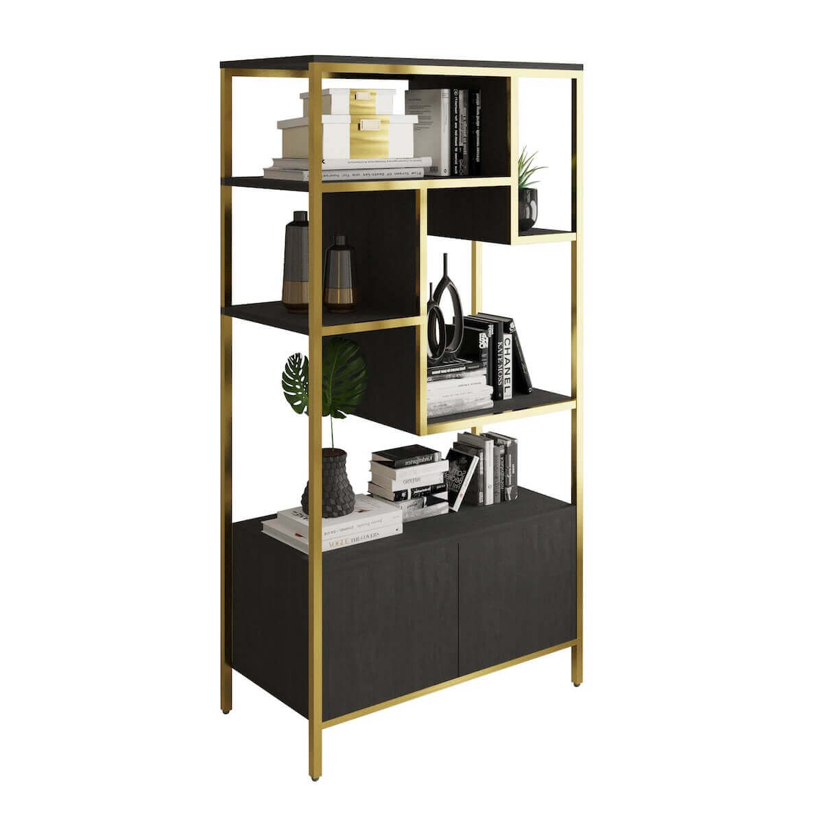 Techni Mobili Gold Book Case Storage Rack With Door Cabinet RTA-482BC-GLD #color_gold