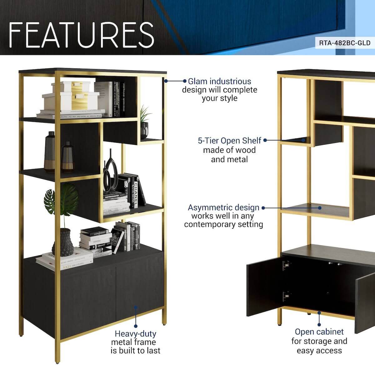 Techni Mobili Gold Book Case Storage Rack With Door Cabinet Features RTA-482BC-GLD #color_gold