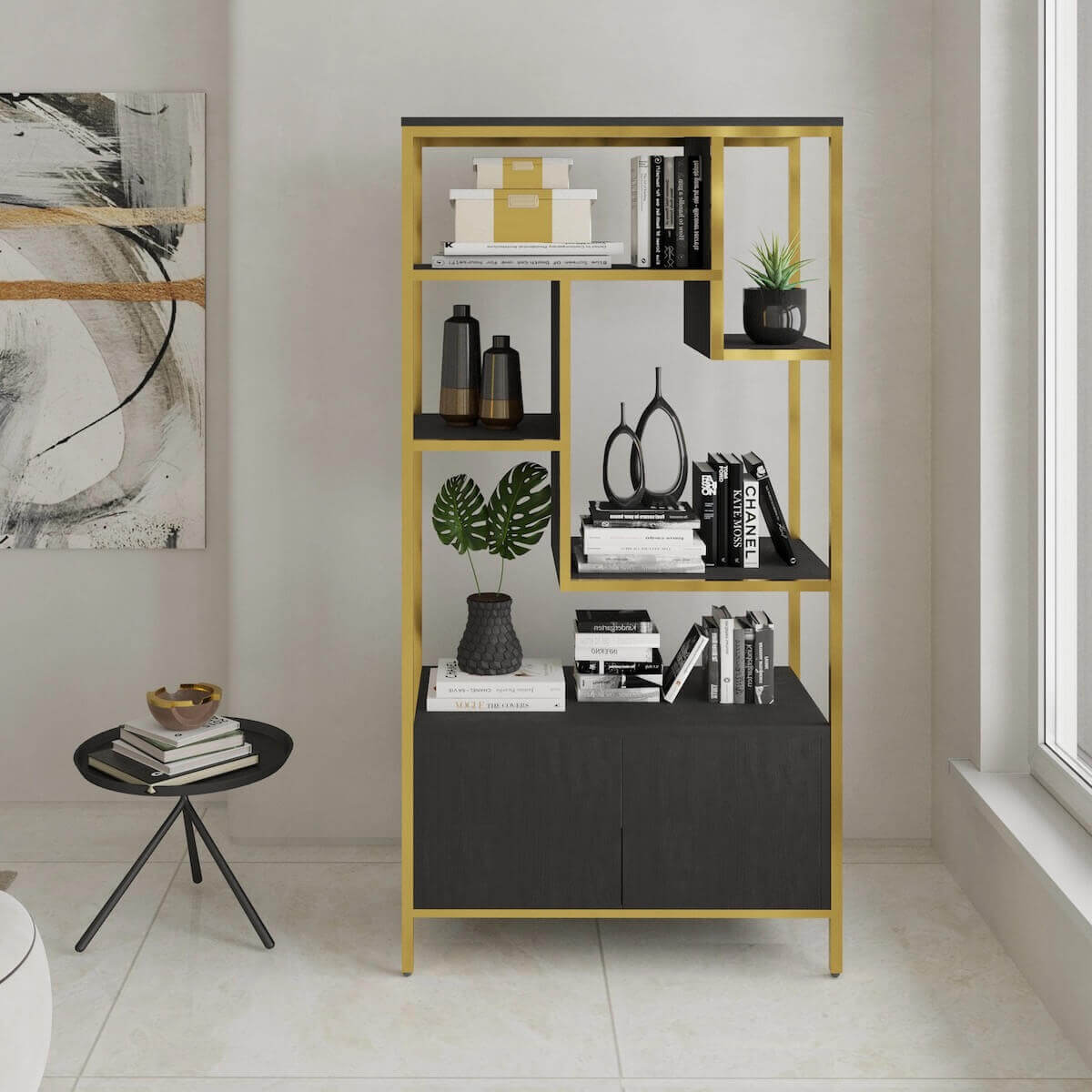 Techni Mobili Gold Book Case Storage Rack With Door Cabinet in Living Room RTA-482BC-GLD #color_gold