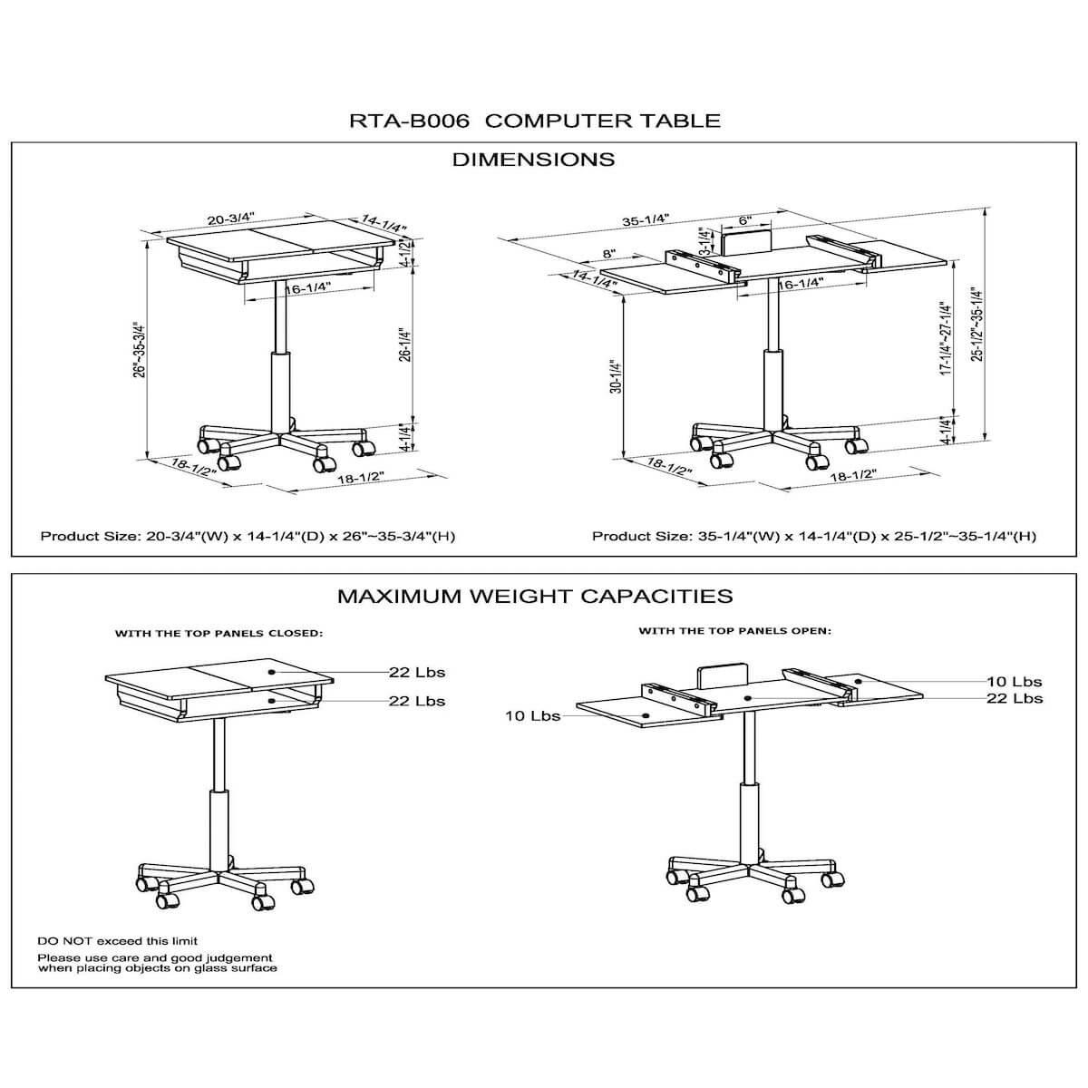 Techni Mobili Graphite Folding Table Laptop Cart RTA-B006-GPH06 Dimensions
