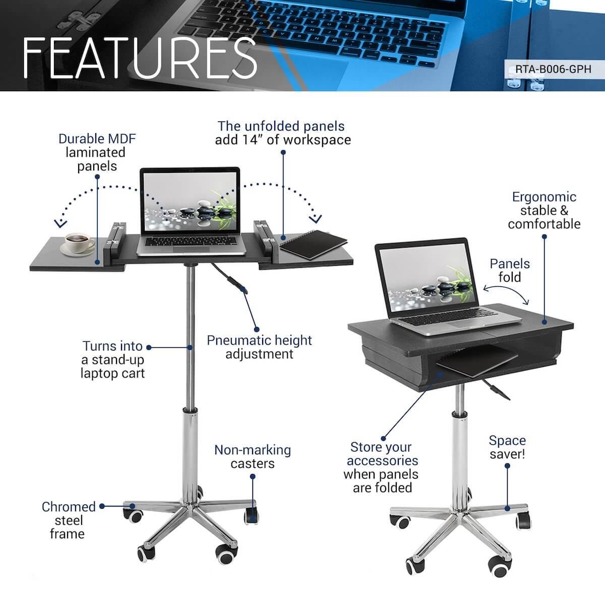 Techni Mobili Graphite Folding Table Laptop Cart RTA-B006-GPH06 Features