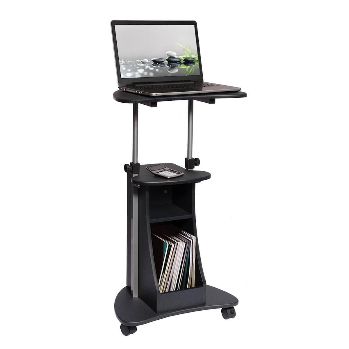 Techni Mobili Graphite Sit-to-Stand Rolling Adjustable Height Laptop Cart With Storage RTA-B002-GPH06 with Computer #color_graphite