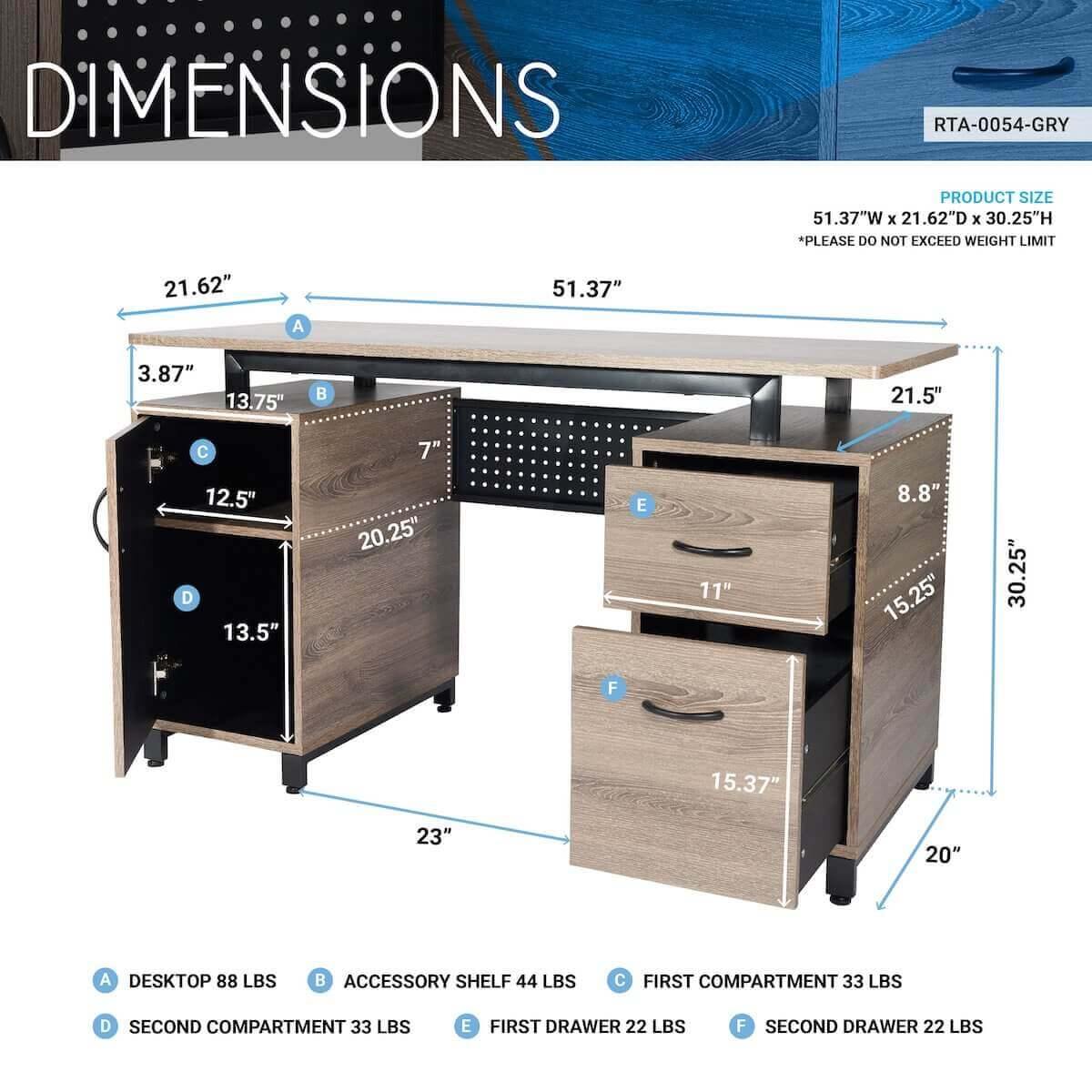 Techni Mobili Gray Computer Desk with Storage RTA-0054-GRY Dimensions