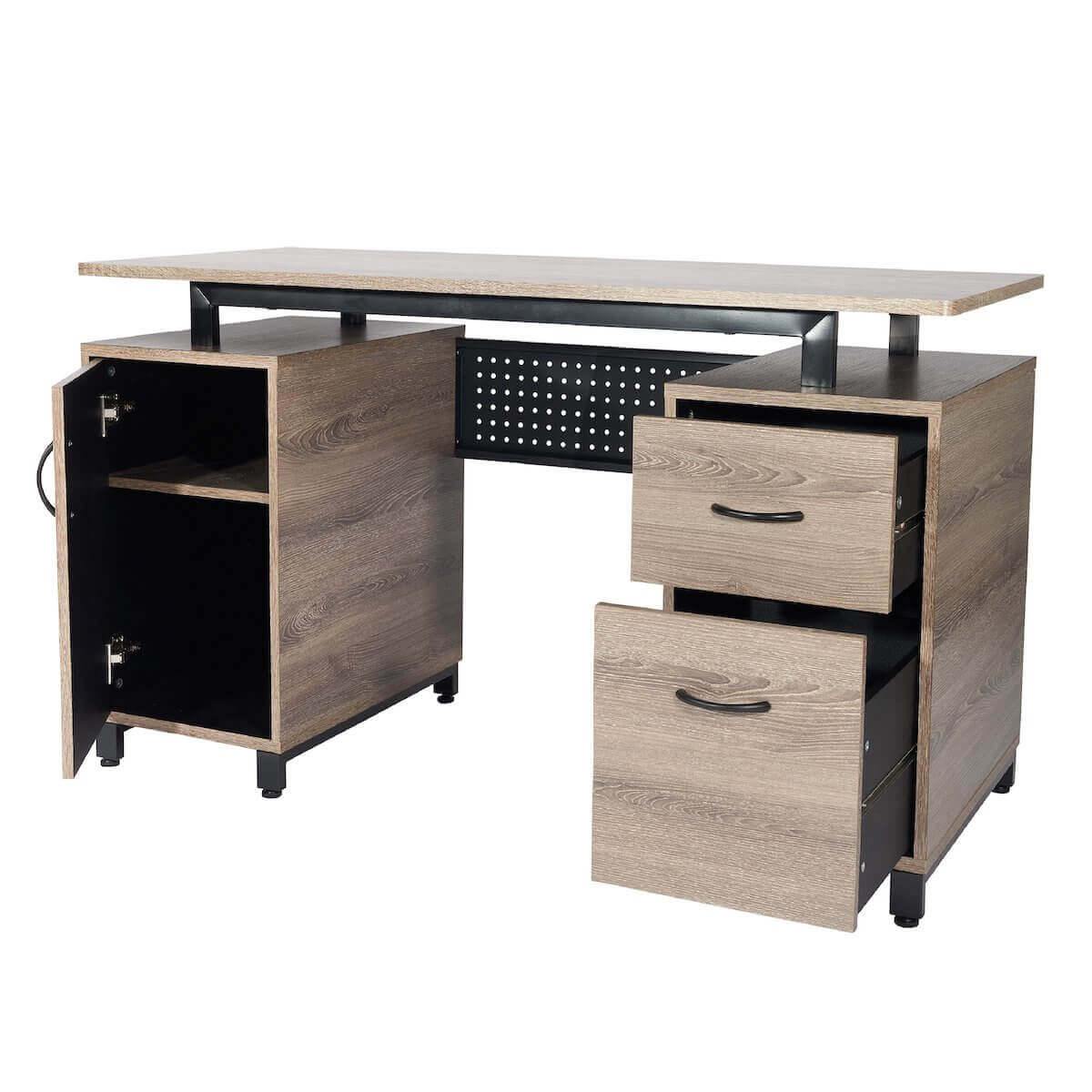 Techni Mobili Gray Computer Desk with Storage RTA-0054-GRY Open Cabinet and Drawers