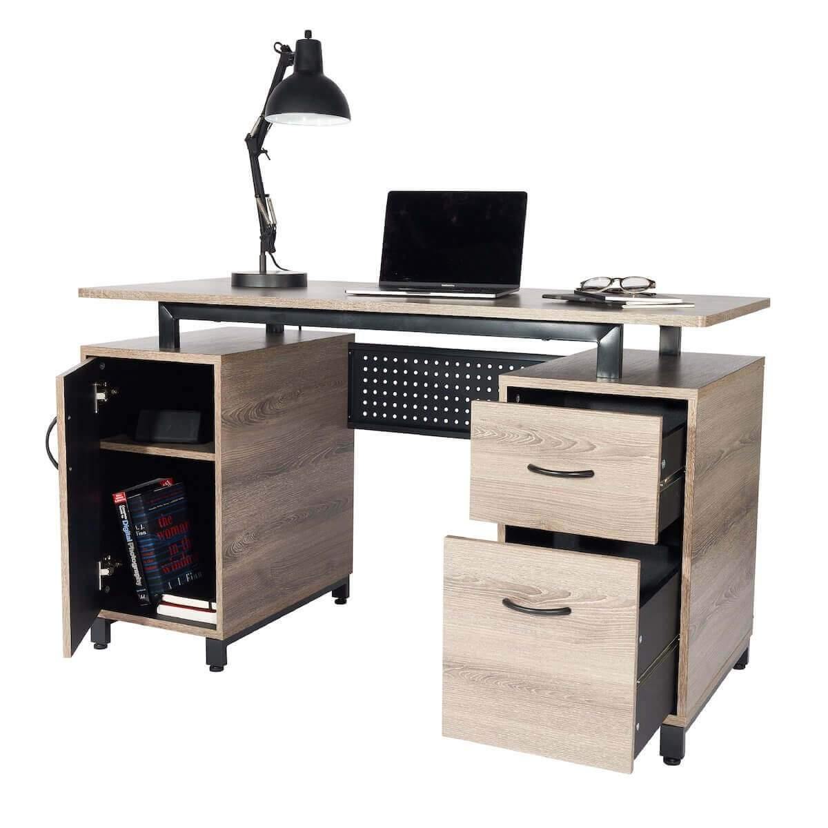 Techni Mobili Gray Computer Desk with Storage RTA-0054-GRY Open Cabinet and Drawers with Computer