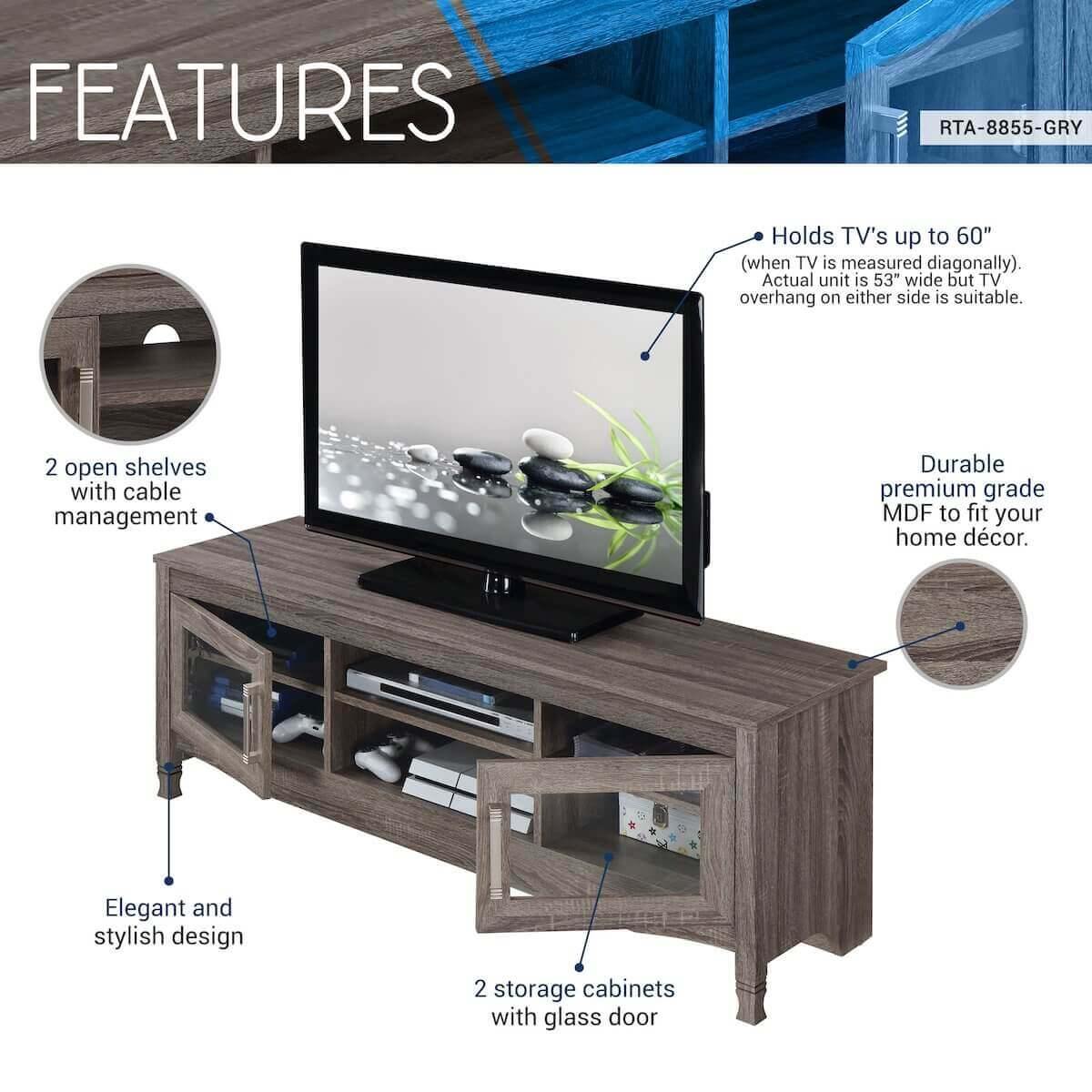 Techni Mobili Gray Driftwood TV Stand RTA-8855-GRY Features