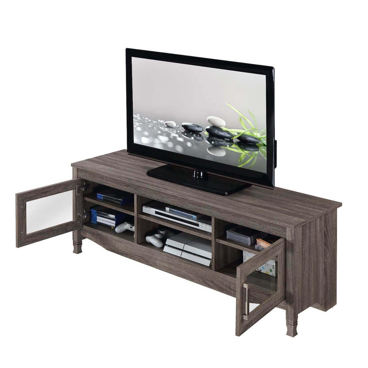 Techni Mobili Gray Driftwood TV Stand RTA-8855-GRY Open Cabinets with TV