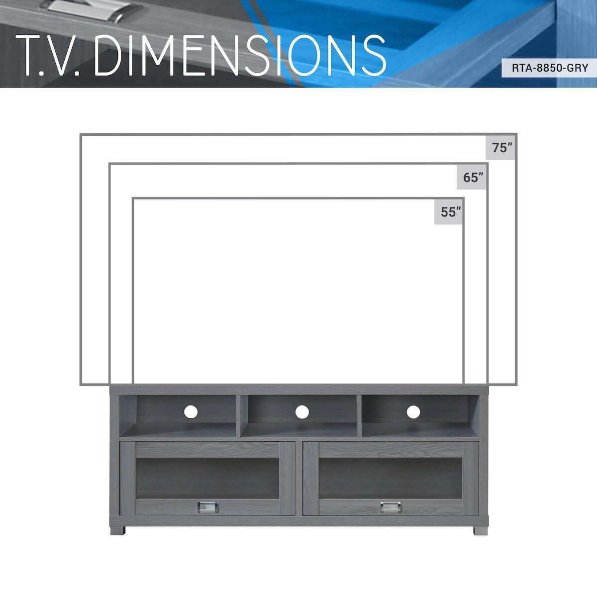 Techni Mobili Gray Durbin TV Stand for TVs up to 65" RTA-8850-GRY TV Dimensions