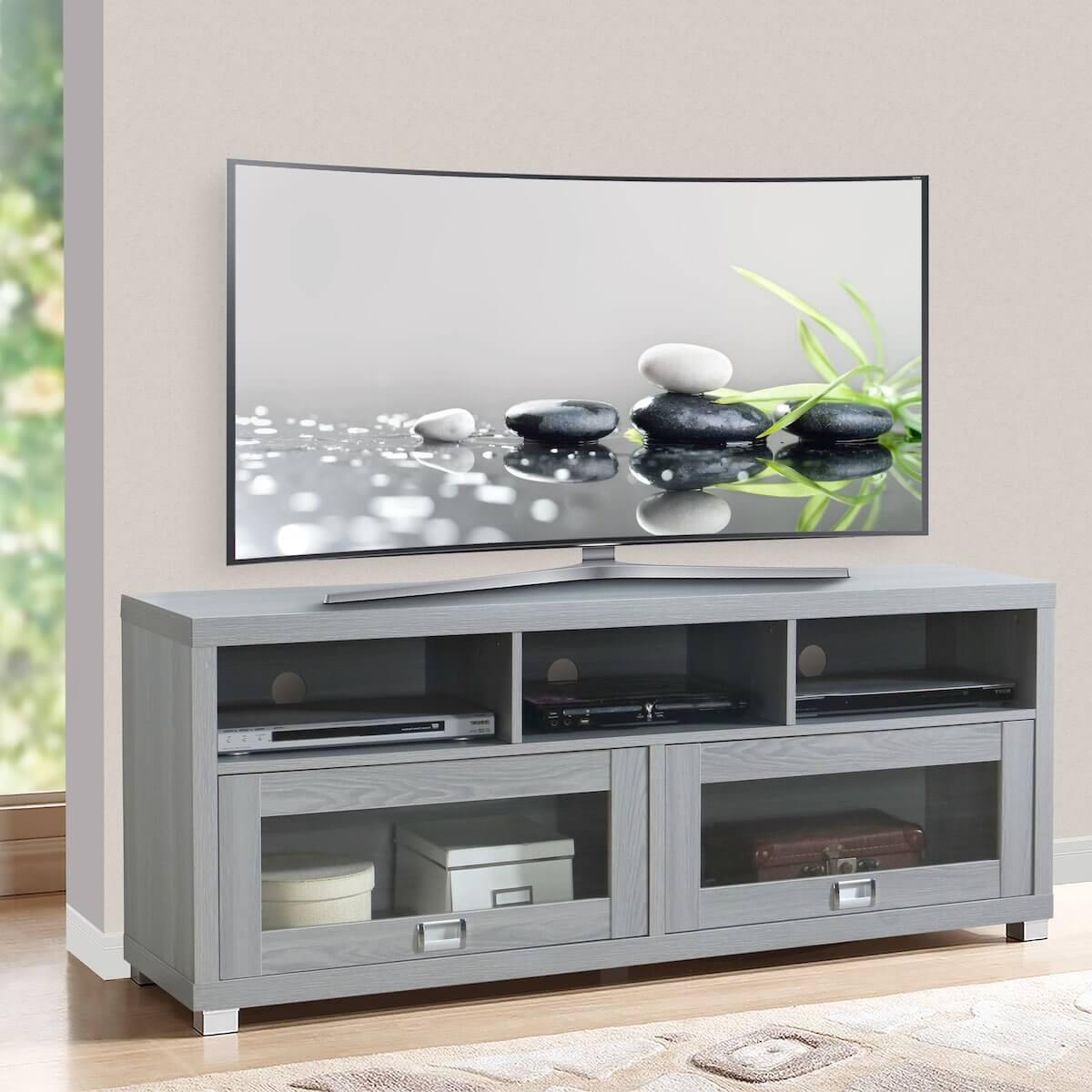 Techni Mobili Gray Durbin TV Stand for TVs up to 65" RTA-8850-GRY with TV in Room
