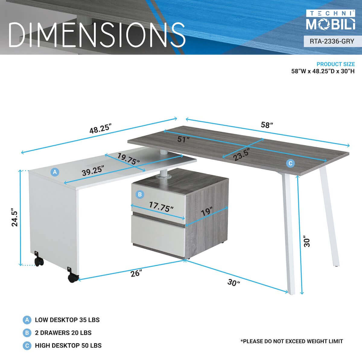 Techni Mobili Gray Rotating Multi-Positional Modern Desk RTA-2336-GRY Dimensions