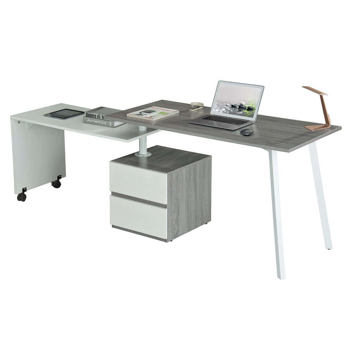 Techni Mobili Gray Rotating Multi-Positional Modern Desk RTA-2336-GRY Expanded with Laptop
