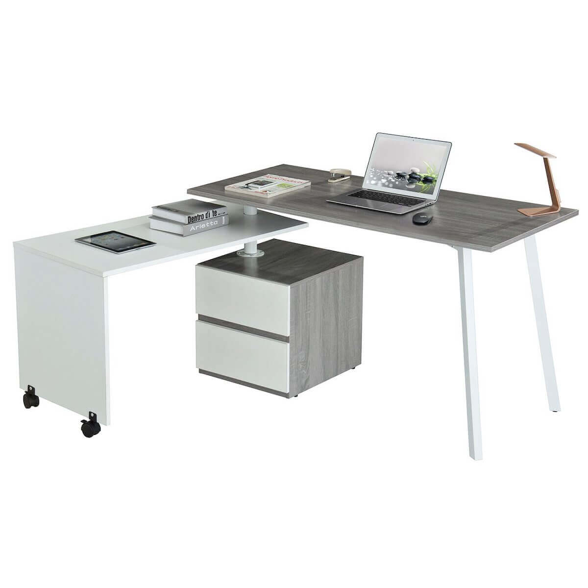Techni Mobili Gray Rotating Multi-Positional Modern Desk RTA-2336-GRY L-Shaped with Laptop