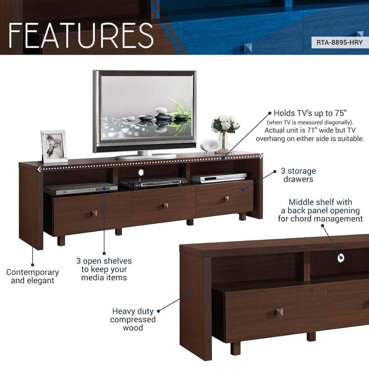 Techni Mobili Hickory Elegant TV Stand for TV's Up To 75" with Storage RTA-8895-HRY Features
