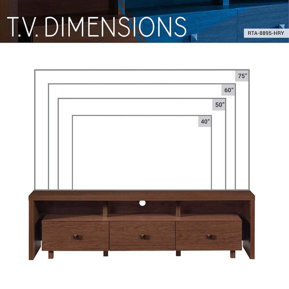 Techni Mobili Hickory Elegant TV Stand for TV's Up To 75" with Storage RTA-8895-HRY TV Dimensions