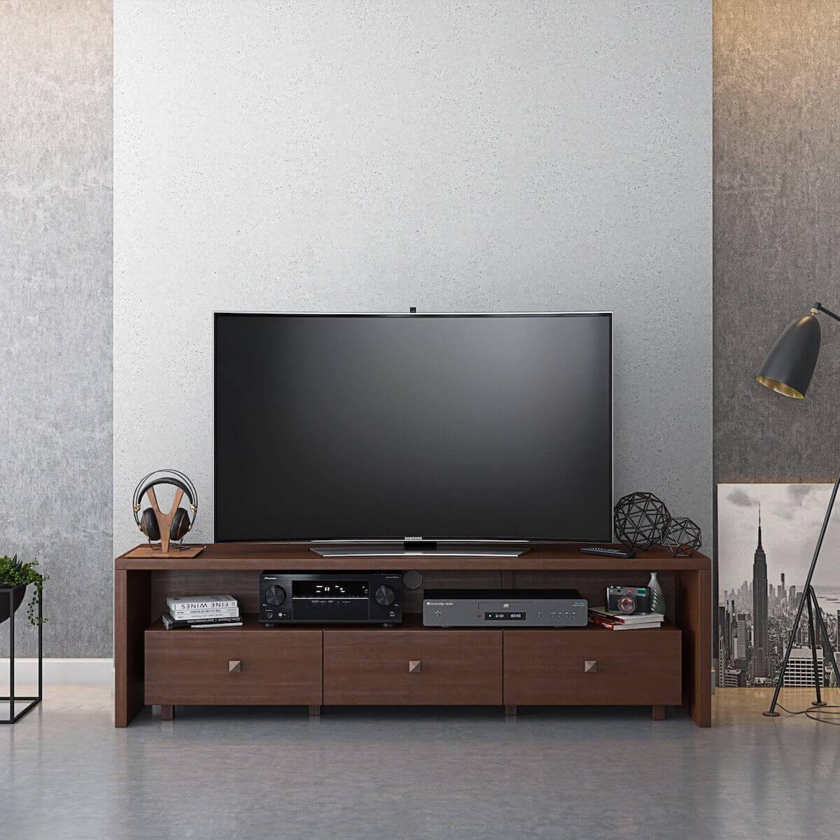 Techni Mobili Hickory Elegant TV Stand for TV's Up To 75" with Storage RTA-8895-HRY with TV in Room