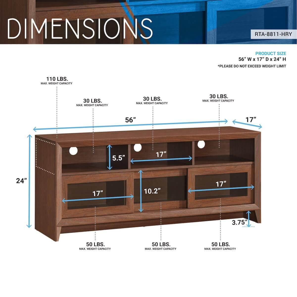 Techni Mobili Hickory Modern TV Stand with Storage for TVs Up To 60" RTA-8811-HRY Dimensions