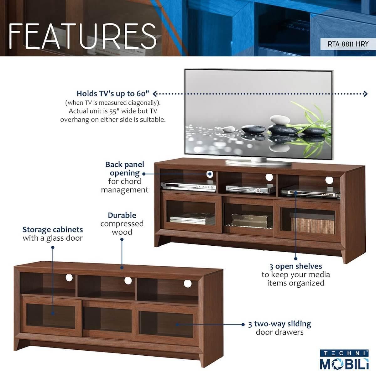 Techni Mobili Hickory Modern TV Stand with Storage for TVs Up To 60" RTA-8811-HRY Features
