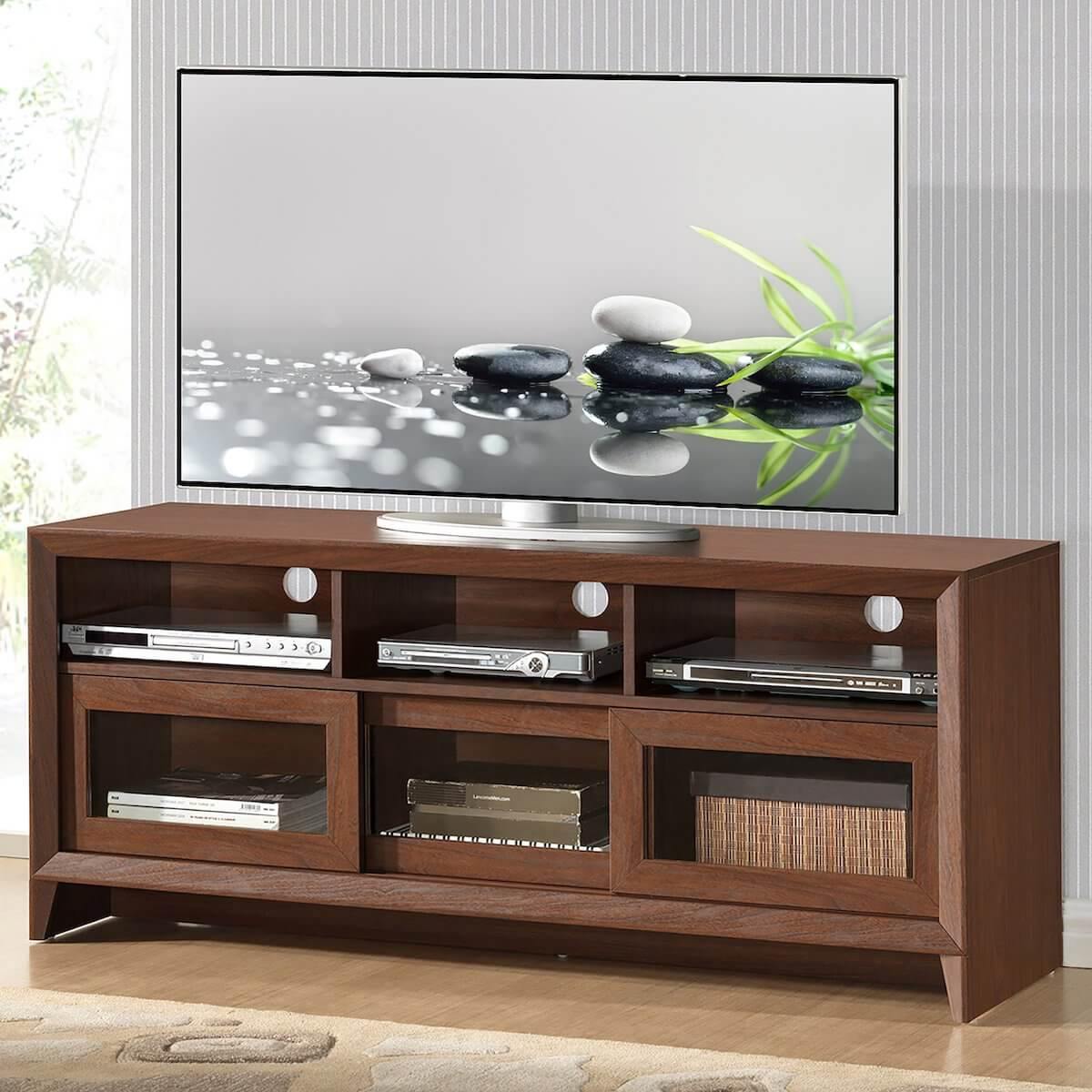 Techni Mobili Hickory Modern TV Stand with Storage for TVs Up To 60" RTA-8811-HRY with Tv in Room
