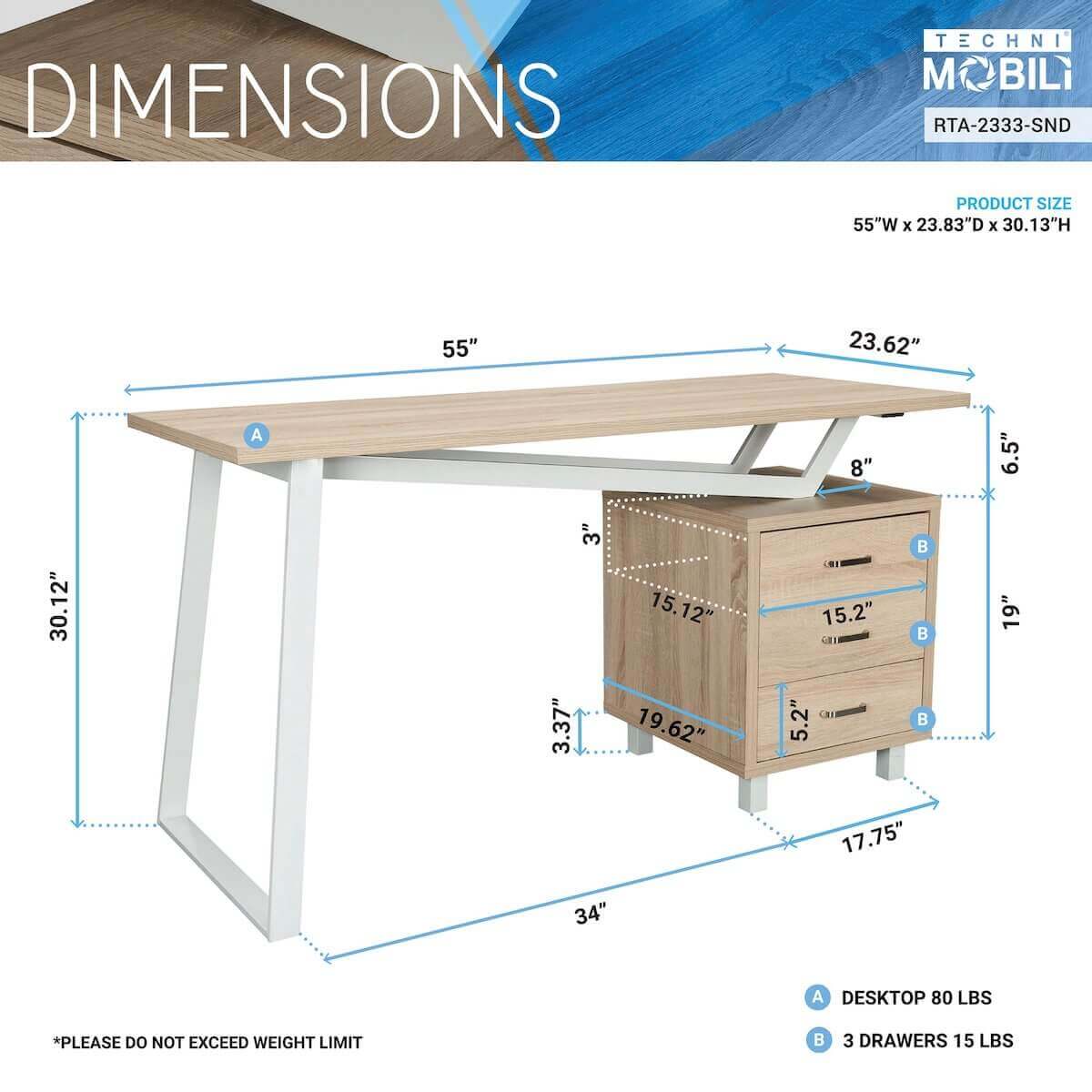 Techni Mobili Modern Design Computer Desk with Storage RTA-2333-SND Dimensions