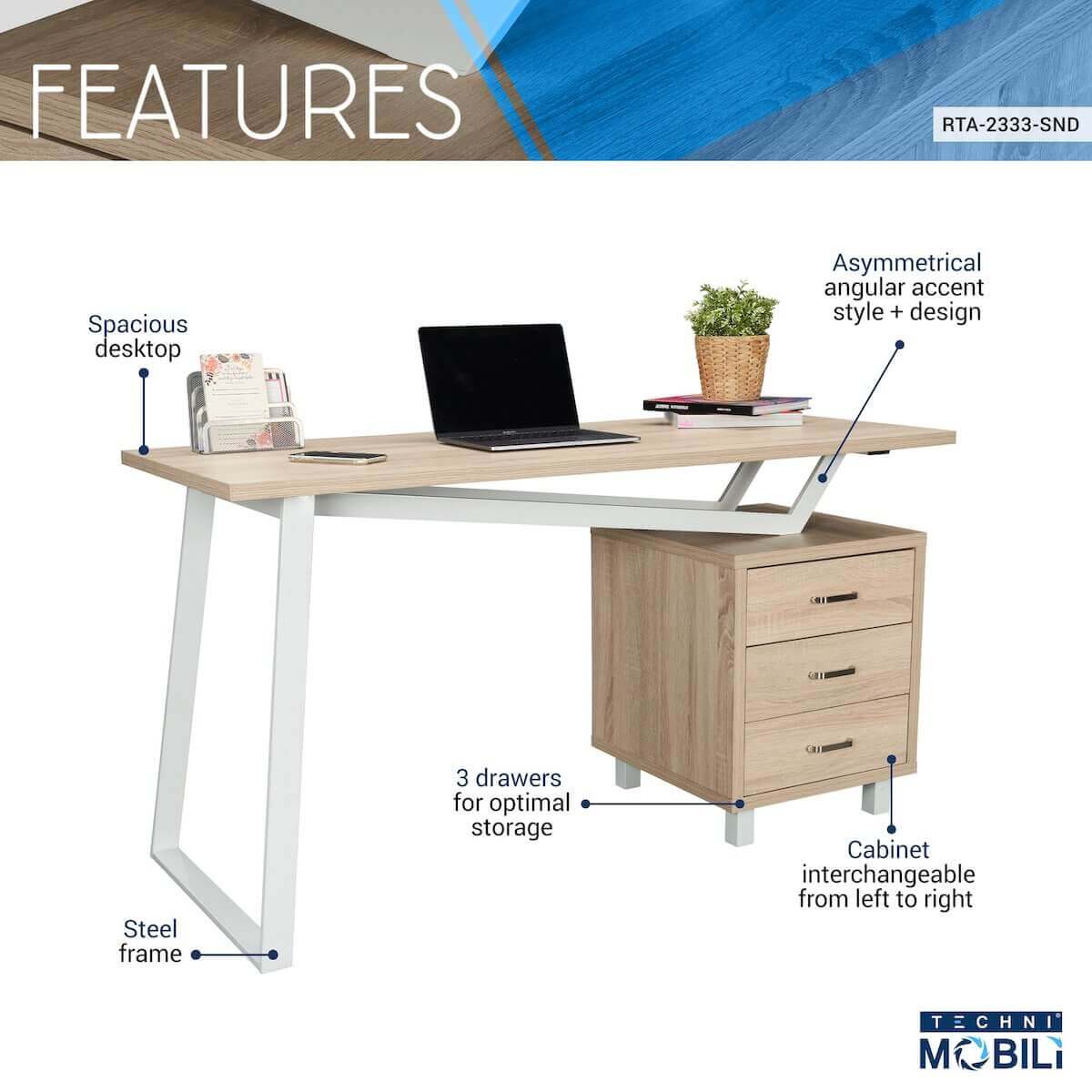 Techni Mobili Modern Design Computer Desk with Storage RTA-2333-SND Features