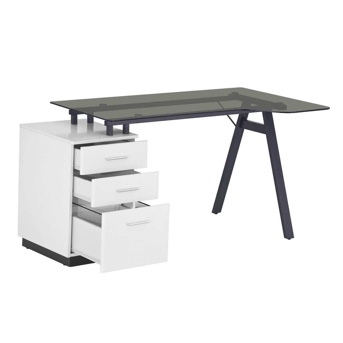 Techni Mobili Modern Home Office Computer Desk With Smoke Tempered Glass Top & Storage RTA-3377D-WHT with Open Drawers