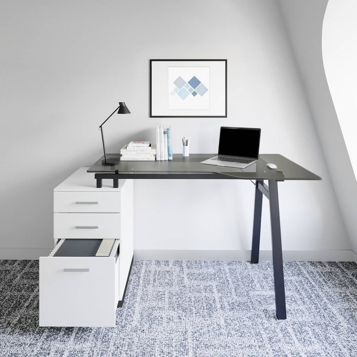 Techni Mobili Modern Home Office Computer Desk With Smoke Tempered Glass Top & Storage RTA-3377D-WHT in Office