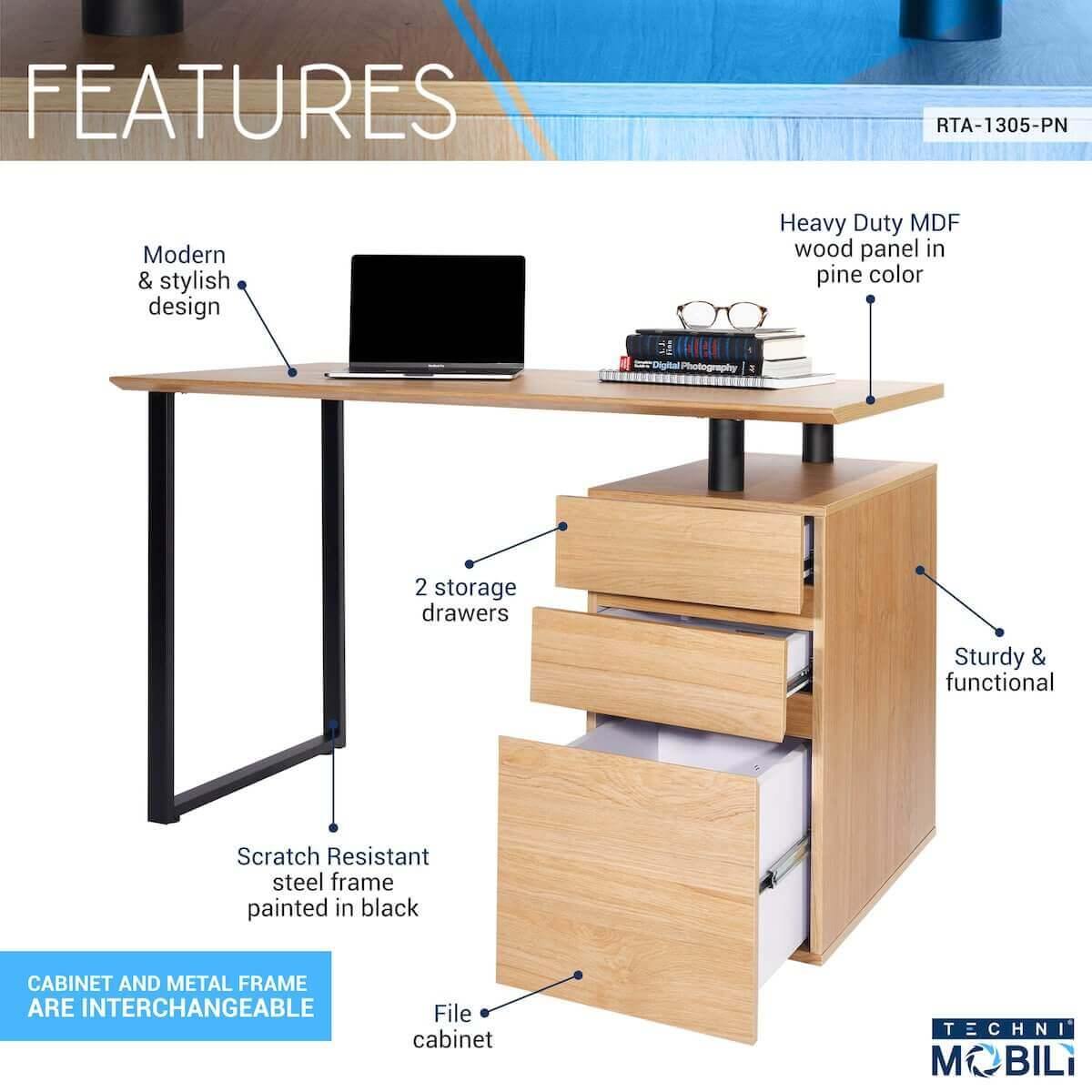 Techni Mobili Pine Computer Desk with Storage and File Cabinet RTA-1305-PN Features