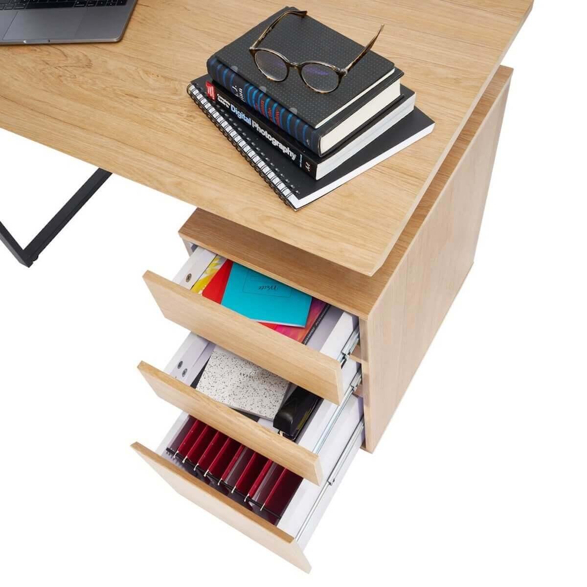 Techni Mobili Pine Computer Desk with Storage and File Cabinet RTA-1305-PN Open Drawers