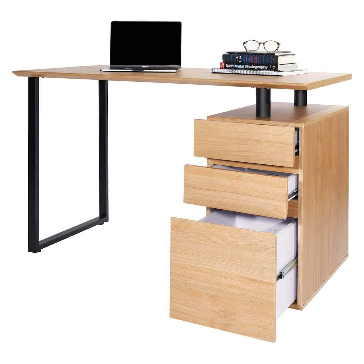 Techni Mobili Pine Computer Desk with Storage and File Cabinet RTA-1305-PN Open Drawers with Computer