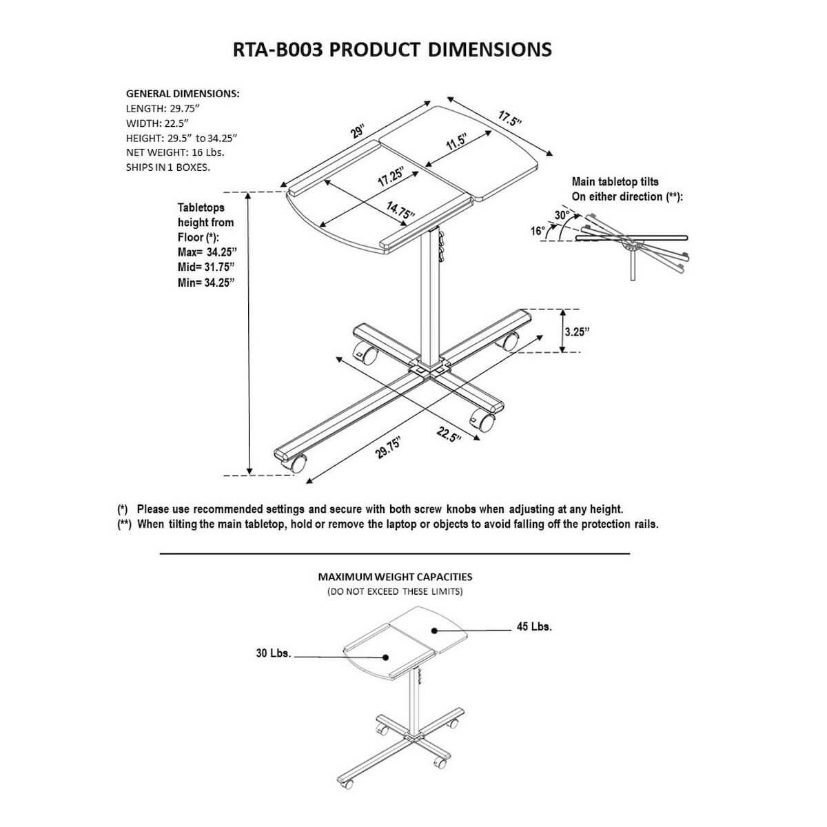 Techni Mobili Rolling Adjustable Laptop Cart RTA-B003 Dimensions