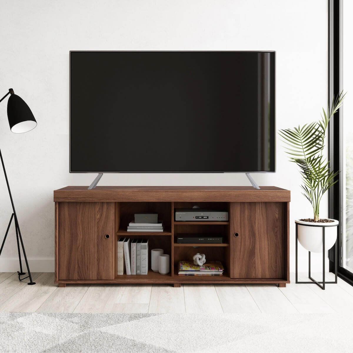 Techni Mobili Walnut TV Stand with Storage for TVs Up to 60" in Living Room RTA-9500TV-WAL #color_walnut