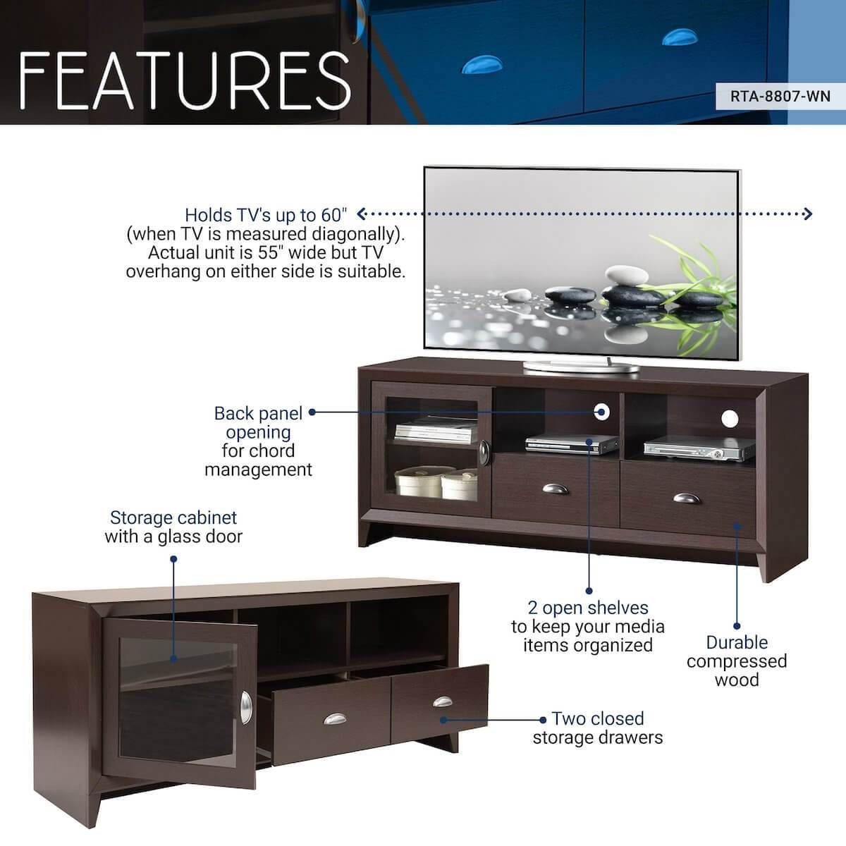 Techni Mobili Wenge Modern TV Stand with Storage for TVs Up To 60" RTA-8807-WN Features