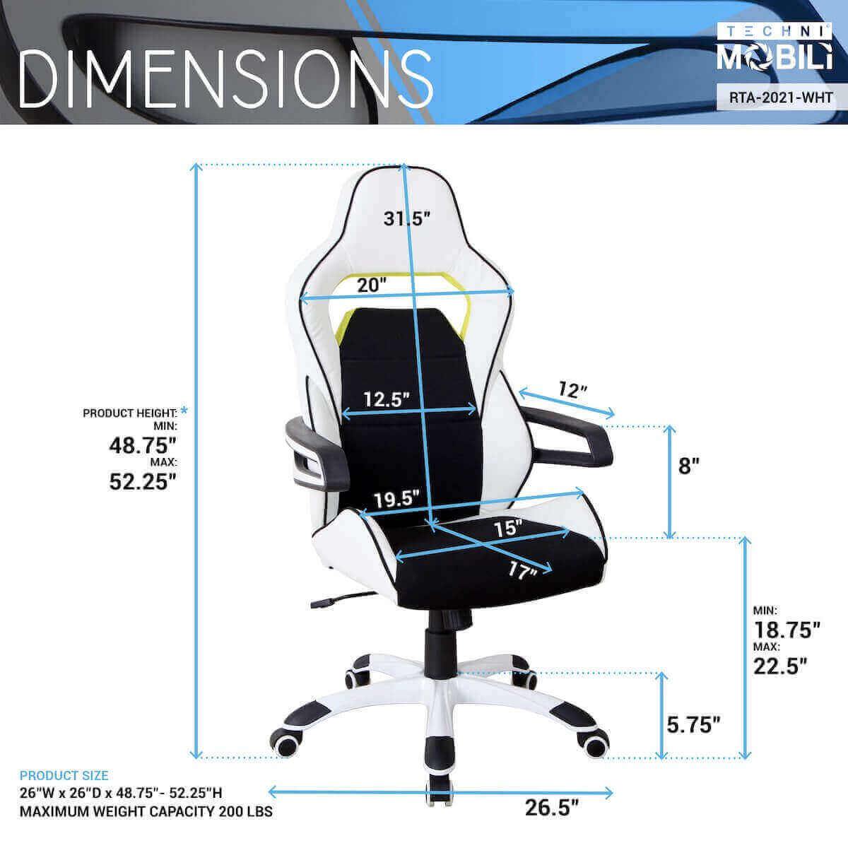 Techni Mobili White Ergonomic Essential Racing Style Home & Office Chair RTA-2021-WHT Dimensions
