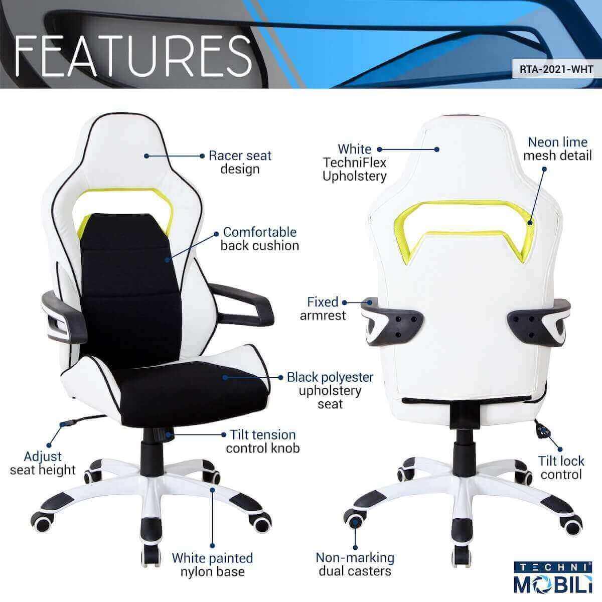 Techni Mobili White Ergonomic Essential Racing Style Home & Office Chair RTA-2021-WHT Features