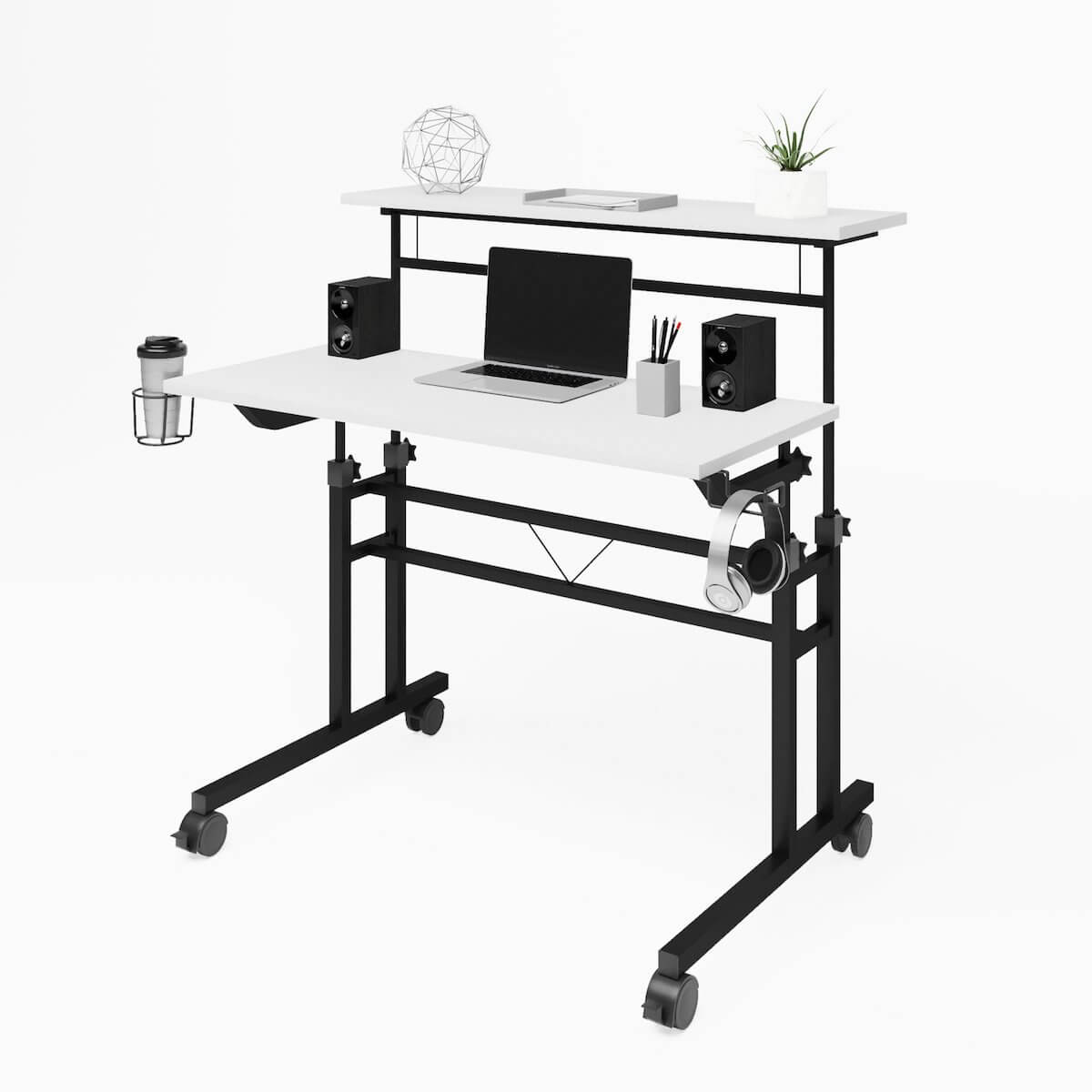 Techni Mobili  White Rolling Writing Desk with Height Adjustable Desktop and Moveable Shelf RTA-3800SU-WHT With Laptop #color_white