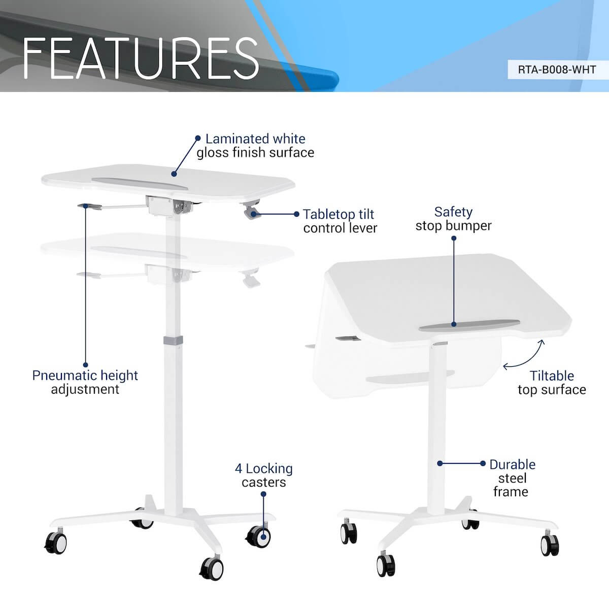Techni Mobili White Sit to Stand Mobile Laptop Computer Stand with Height Adjustable and Tiltable Tabletop RTA-B008-WHT Features