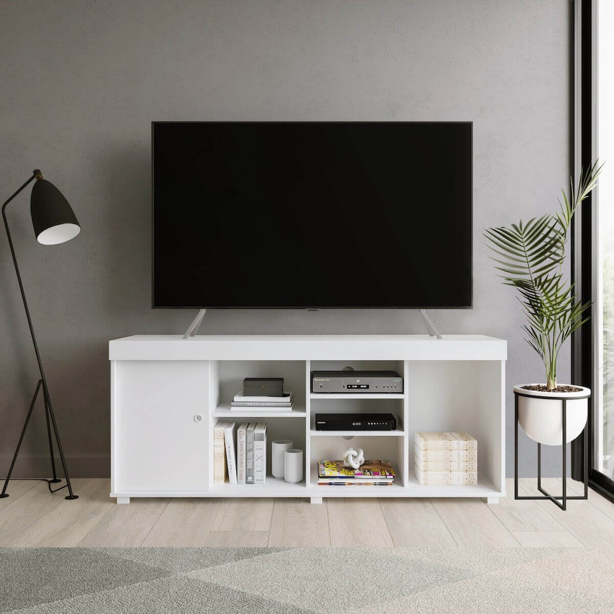 Techni Mobili White TV Stand with Storage for TVs Up to 60" in Living Room Right Side Open RTA-9500TV-WHT #color_white