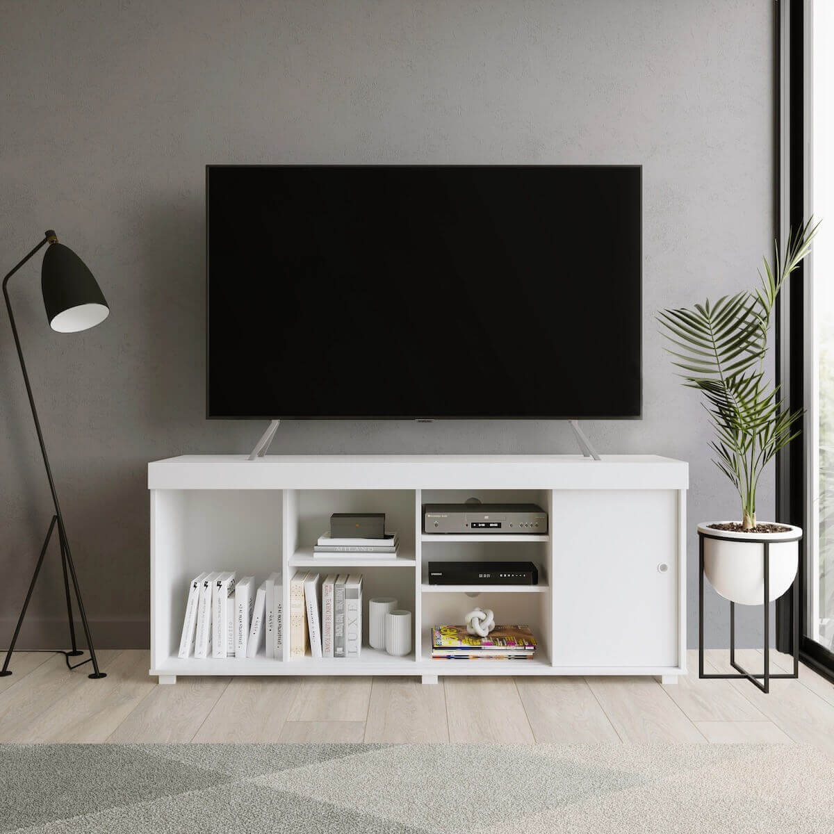 Techni Mobili White TV Stand with Storage for TVs Up to 60" in Living Room Left Side Open RTA-9500TV-WHT #color_white