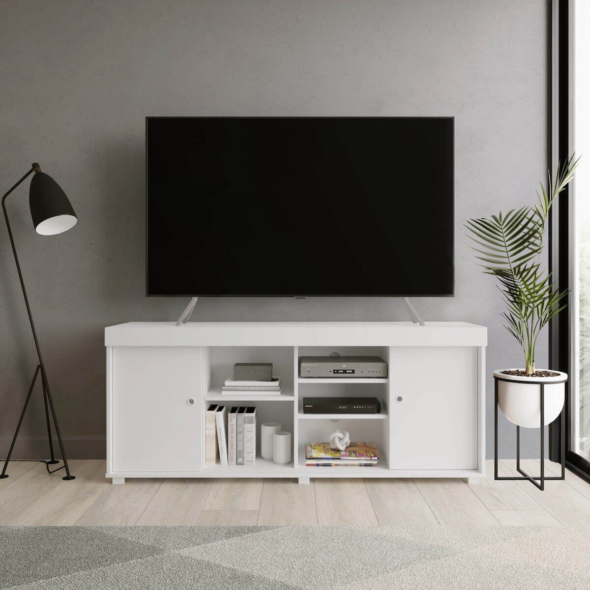 Techni Mobili White TV Stand with Storage for TVs Up to 60" in Living Room Closed Drawers RTA-9500TV-WHT #color_white
