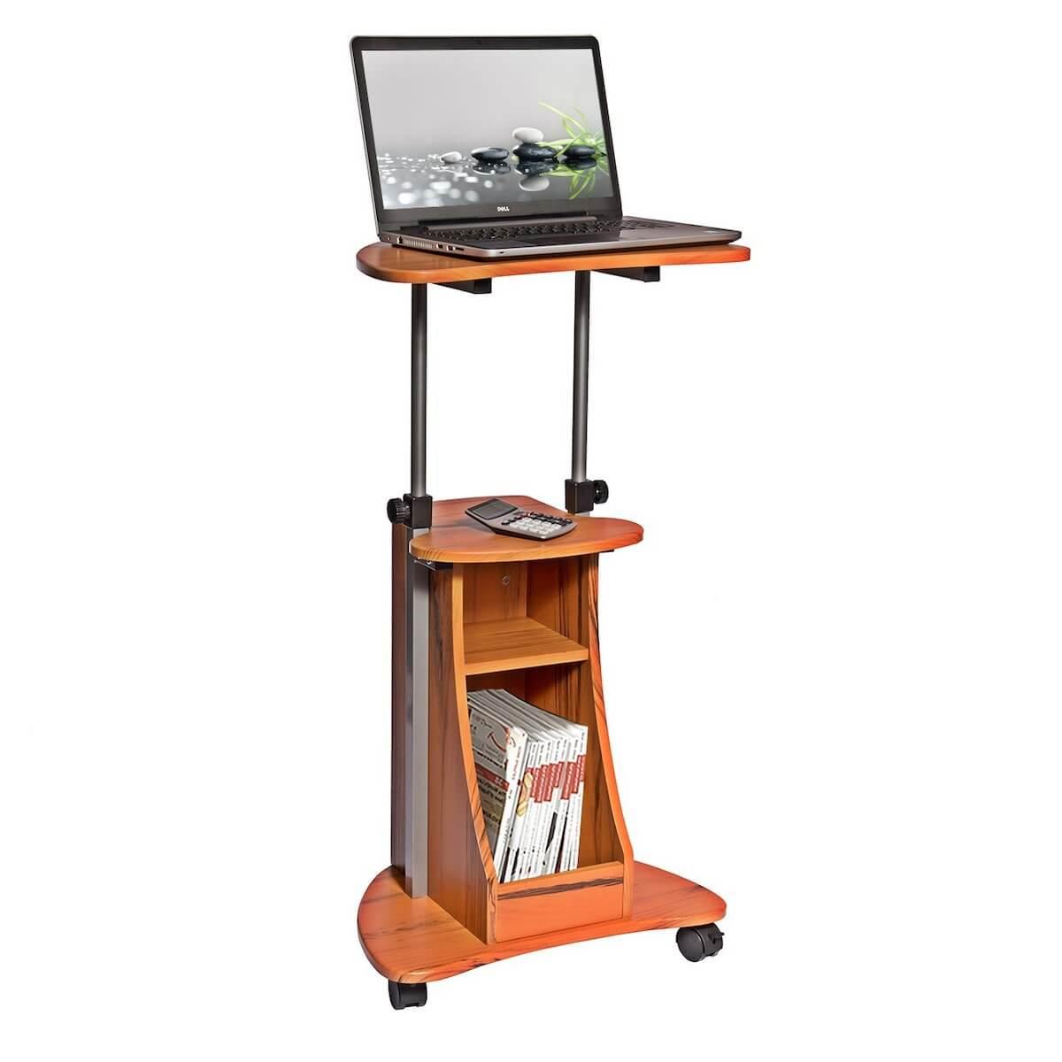 Techni Mobili Wood Grain Sit-to-Stand Rolling Adjustable Height Laptop Cart With Storage RTA-B002-WG01 with Computer #color_wood grain