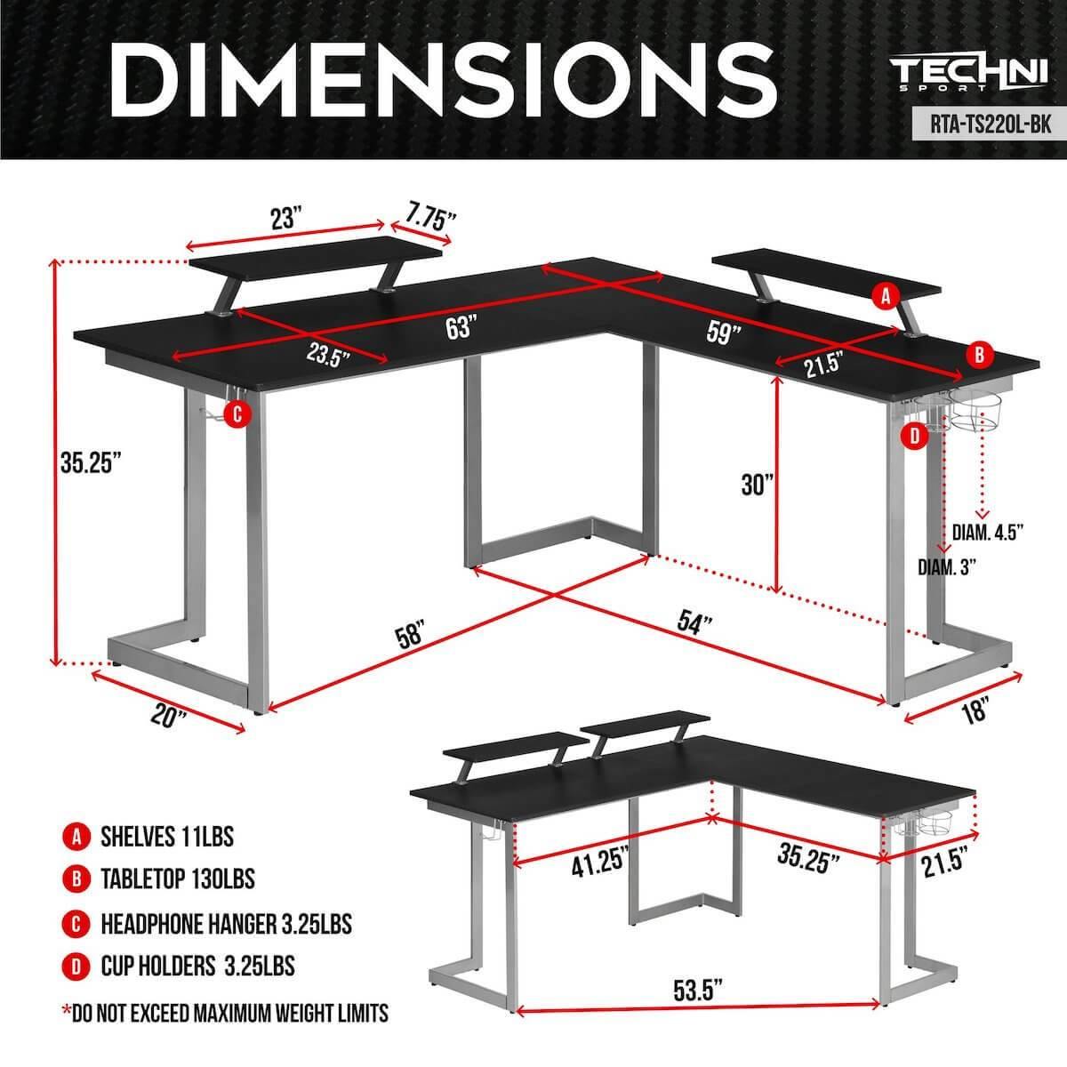 Techni Sport Black & Silver Warrior L-Shaped Gaming Desk RTA-TS220L-BK Dimensions #color_silver